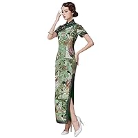 Cheongsam Dresses Silk Printed Oblique Placket Patchwork Lace Mock Neck Short Sleeve Qipao H3228