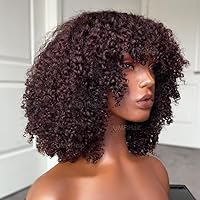 Dark Burgundy Human Hair Bang Wig with Natural Scalp Top Deep Purple Kinky Curly Wigs for Women Full Head No Lace Burgundy Skin Like Scalp Top Wigs with Bang 12inch 130Density