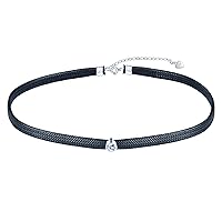 MICMIF 925 Sterling Silver Round Zirconia Pendant Braided Leather Choker Necklace Black Leather Collar Silver Zirconia Beaded Chain Necklace Jewelry for Women and Girls