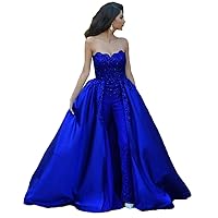 2023 Jumpsuit Lace Prom Dresses Strapless Applique Beaded Formal Party Evening Gowns with Over Skirts