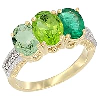 Silver City Jewelry 10K Yellow Gold Natural Green Amethyst, Peridot & Emerald Ring 3-Stone Oval 7x5 mm Diamond Accent, Sizes 5-10