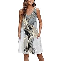 Beach Vacation Dresses for Women 2024 Bohemian Dress for Women 2024 Summer Fashion Print Pretty Slim Fit Dress Sleeveless V Neck Dresses with Pockets Silver XX-Large