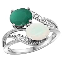 10K White Gold Diamond HQ Emerald & Opal 2-stone Ring Oval 8x6mm, sizes 5 - 10