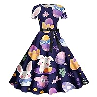 Womens Vintage Pleated Flared Swing A-Line Casual Party Work Dresses Easter Funny Bunny Egg Rabbit Print Crewneck Dress