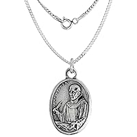 Sterling Silver St John Neumann Medal Necklace Oxidized finish Oval 1.8mm Chain