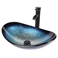 Boat Shape Bathroom Artistic Glass Vessel Sink Free Oil Rubbed Bronze Faucet and Pop-up Drain,Blue