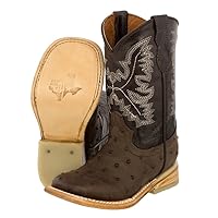 Kids Toddler Brown Ostrich Print Cowboy Boots Square Toe