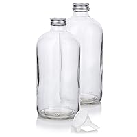 JUVITUS 16 oz Clear Glass Boston Round Bottles with Silver Metal Screw On Caps + Funnel (2 Pack) Large Refillable Empty Storage Containers