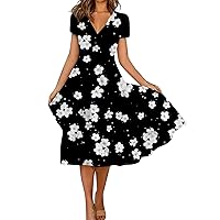 Women's Dresses That Hide Belly Fat Casual Fashion Floral Print Short Sleeve V-Neck Swing Dress Outfits, S-5XL