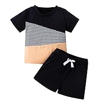 Baby Boys Summer Outfit Sets Short Sleeve Contrast Color Tops T Shirt Boys' Patchwork Suit (Black, 3-6 Months)