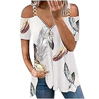 Summer Women Cold Shoulder Tops Fashion Sexy Loose Fit Short Sleeve Zipper Printing Strapless Long Tunic Blouse…