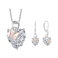 Butterfly Heart Necklaces and Earrings Jewelry Set for Women, 925 Sterling Silver Cubic Zirc for Women, 925 Sterling Silver Cubic Zirconia Birthstone Pandent, Anniversary Birthday Gifts for Her