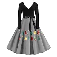 Christmas Dresses for Women 2023 Elegant Casual Long Sleeve V Neck Holiday Party Cocktail Ruffle Swing Midi Dress
