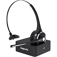 Trucker Bluetooth Angteela Headset with Microphone, Wireless Cell Phone Headset with Noise Canceling Mic Charging Base Mute Function for Home Office Call Center Skype