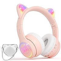 Cat Ear Headphones for Children IFECCO Cute Bluetooth Wireless Headset On-Ear with Led Light Up for Kids Girls Boys School Travel (Pink)