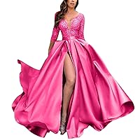 Women's Slit Hem Deep V Lace Sequin Sexy Long Skirt Tail Banquet Evening Dress Five Quarter Dressy Gowns