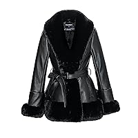 GRAN ORIENTE Women's Faux Leather Jacket with Faux Fur Collar Long Sleeve Parka with Pockets Warm Winter Coat with Belt