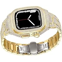 Diamond Watch Case+Metal Watch Strap Modification Kit，For Apple Watch 8 7 6 5 4 SE， Fashion Business Band for Lady Women Girls，For Iwatch Series 44mm 45mm