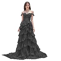 Women's Off Shoulder Tulle Sweetheart Ball Dress A-line Sequin Layered High Slit Party Dress