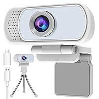Webcam with Microphone,Webcam 1080p White,USB Web Camera 110-Degree View Angle Computer Camera,Webcam Tripod/Privacy Cover/USB C Adapter Include,Plug and Play for Video Conferencing