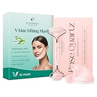 PLANTIFIQUE V-Line Collagen Mask for face 10 PCS Chin Strap for Double Chin Women & Men and Rose Quartz Face Roller and Rose Quartz Gua Sha Set for Your Skincare Routine