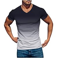 Men's T Shirt Casual V-Neck Gradient Color Printing Pullover Summer Fitness Sports Short Sleeves Tee Shirts for Men