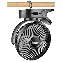 6'' Clip Fan, Portable Clamp Fan with Hanging Hook, 5000mAh Rechargeable Battery Fan, 3 Speeds, 720° Rotation, Quiet, Strong Grip Clamp, 7-30 Working Hours for Camp Stroller Bed - Black