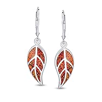 Native American Inspired Red Brown Blue Created Opal Inlay Lever back Nature Leaf Dangle Drop Earrings Western Jewelry For Women .925 Sterling Silver Fish Hook
