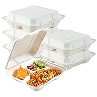 ECOLipak 50 Pack Clamshell Take Out Food Containers, 100% Compostable Disposable To Go Containers, 8X8 3-Compartment Heavy-Duty To Go Boxes