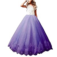 VeraQueen Girl's Lace Beaded Pageant Dress with Bow Cap Sleeves Flower Dress Kids