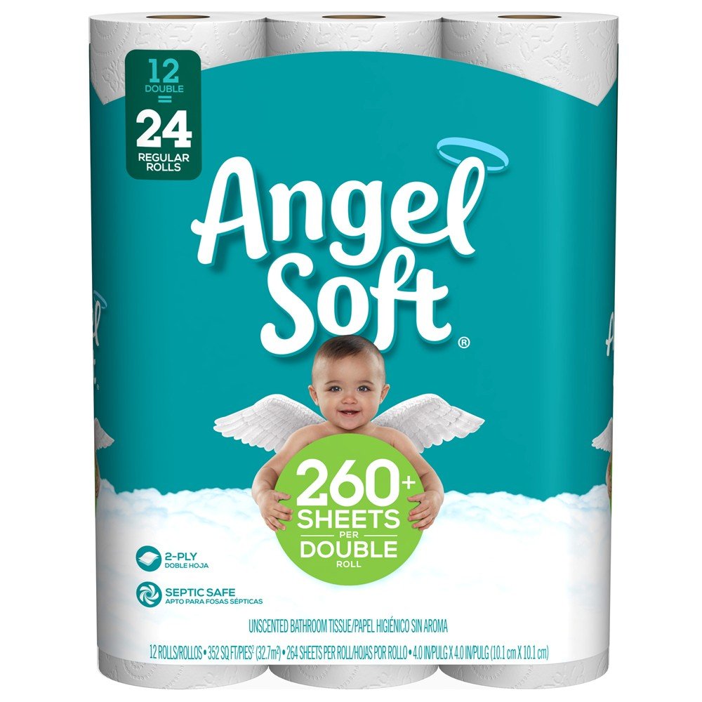 LIFTREN Angel Soft Toilet Paper Bath Tissue, 12 Double Rolls, 260+ 2-Ply Sheets Per Roll