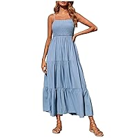 Women's Summer Casual Sleeveless Dress Smocked Tiered Swing A Line Boho Beach Spaghetti Strap Flowy Long Dresses (5X-Large, Light Blue)