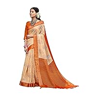 Orange Traditional Wear Indian Women Floral Printed Designer Soft Cotton Linen Saree Blouse Cocktail Sari 2025