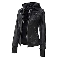 Decrum Black Leather Jacket Womens Moto Racer - Bomber Leather Jacket Women With Hood | [1309194] Betty Black, L