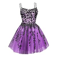 Gothic Black Spaghetti Straps Tulle Homecoming Dresses 2024 Short Lace Appliques Prom Dresses for Teens Pockets