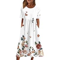 Maxi Dresses for Women 2024 Scoop Neck Comfort Casual Pleated Short Sleeve Soft Floral Print Maxi Dress for Women