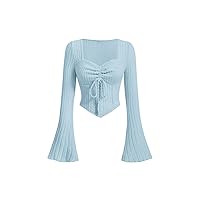 MakeMeChic Women's Casual Drawstring Crop Top Sweetheart Neck Flare Long Sleeve Asymmetrical Tee Shirt