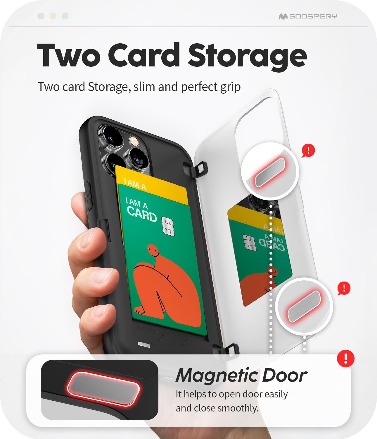 GOOSPERY Magnetic Door Bumper Compatible with iPhone 15 Pro Max Case, Card Holder Wallet Easy Magnet Auto Closing Protective Dual Layer Sturdy Phone Back Cover - White