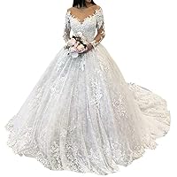 Women's Plus Sze Bridal Ball Gown Train Lace Applique Sequins Wedding Dresses for Bride Long Sleeve 2022