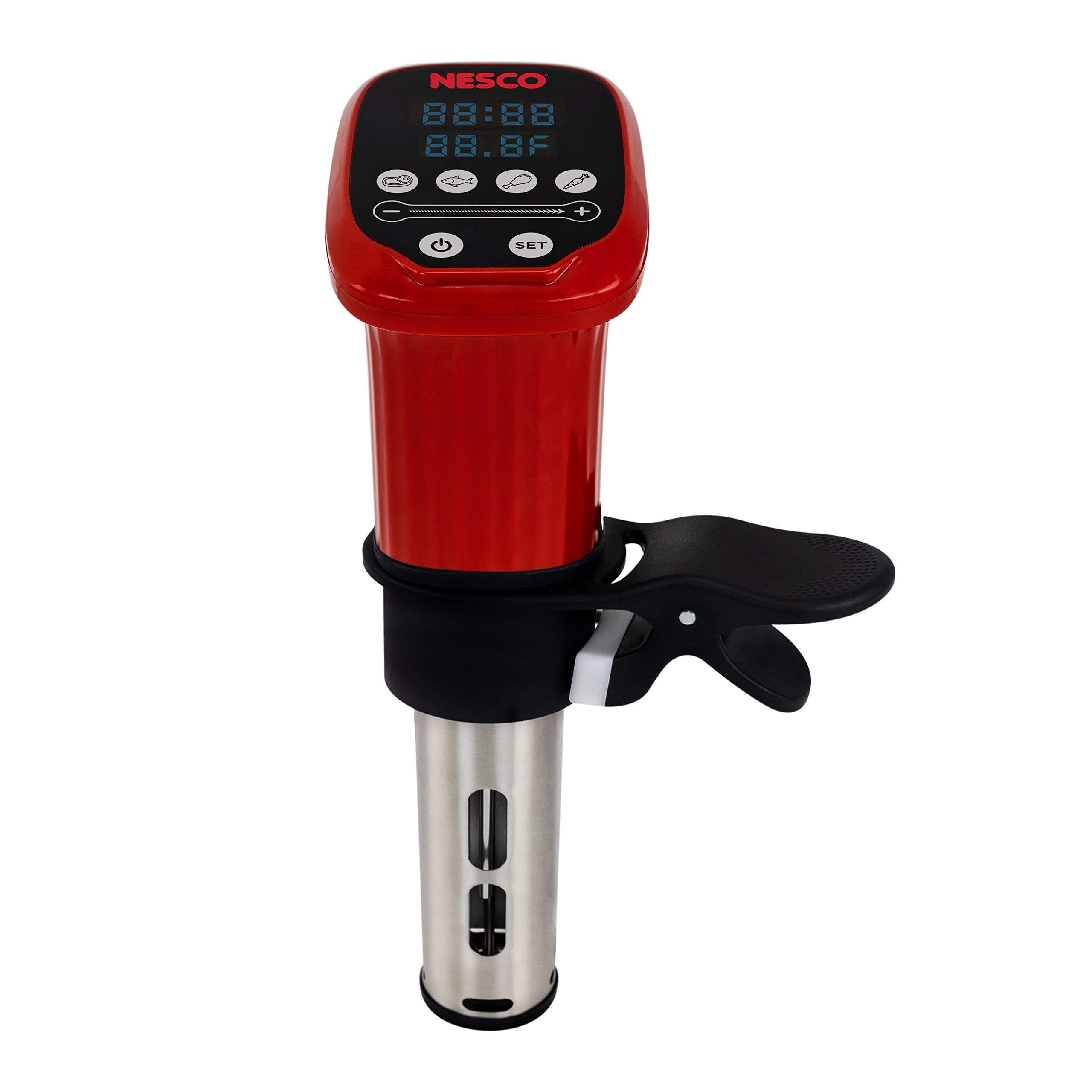 Nesco SVC-1000 Sous Vide Precision Cooker with Digital Display and Pre-Programmed Cooking Options for Meat, Fish, Chicken and Vegetables, 1000 Watts, Red and Black