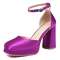 Women's Closed Toe Platform Chunky High Block Satin Heels 3.9 Inch Ankle Strap Party Prom Dress Pumps