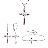 YL Women's Cross Pendant Necklace 925 Sterling Silver Infinity Drop Earrings Created Ruby Bracelet Jewelry Set