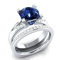 2.40 CT Round Cut Prong Set Blue Sapphire and Diamond Engagement Wedding Bridal Ring Set Sizable Real 925 Sterling Silver