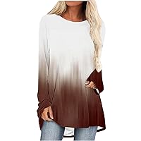 Long Sleeve Plus Size Tunic Tops for Women Tees Tshirt Gradient Color Block Gradient Loose Hem Flowy Swing Tunic Tops