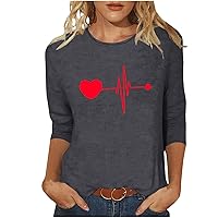 3/4 Tops and Blouses for Women Casual Heart Graphic Tee Soft Round Neck Shirts Sexy Tunic Casual Trendy T-Shirt