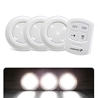 Fosmon Wireless LED Puck Light 3 Pack with Remote Control, Under Cabinet Lighting [5 Daylight White LED, Wide Floodlight Tap Style, 30-Minute Timer, Battery Operated] for Kitchen Closet Pantry Counter