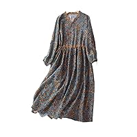 Spring Autumn Long Sleeve Cotton Vintage Print V-Neck Dresses for Women Casual Elegant Office Lady Dress Clothing