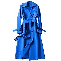 Women's Plus Size Double Breasted Long Trench Coats Windproof Classic Notch Lapel Belted Western Overcoat Outerwear