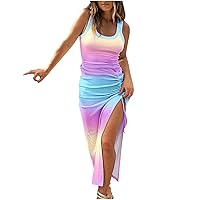 Warehouse Deals Clearance Women's Summer Bodycon Sundress Casual Midi Slit Dress Sexy Sleeveless Long Tank Dress Striped Drawstring Ruched Dresses Women Clothing Pink