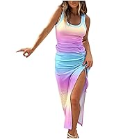 Women's Summer Bodycon Sundress Casual Midi Slit Dress Sexy Sleeveless Long Tank Dress Striped Drawstring Ruched Dresses